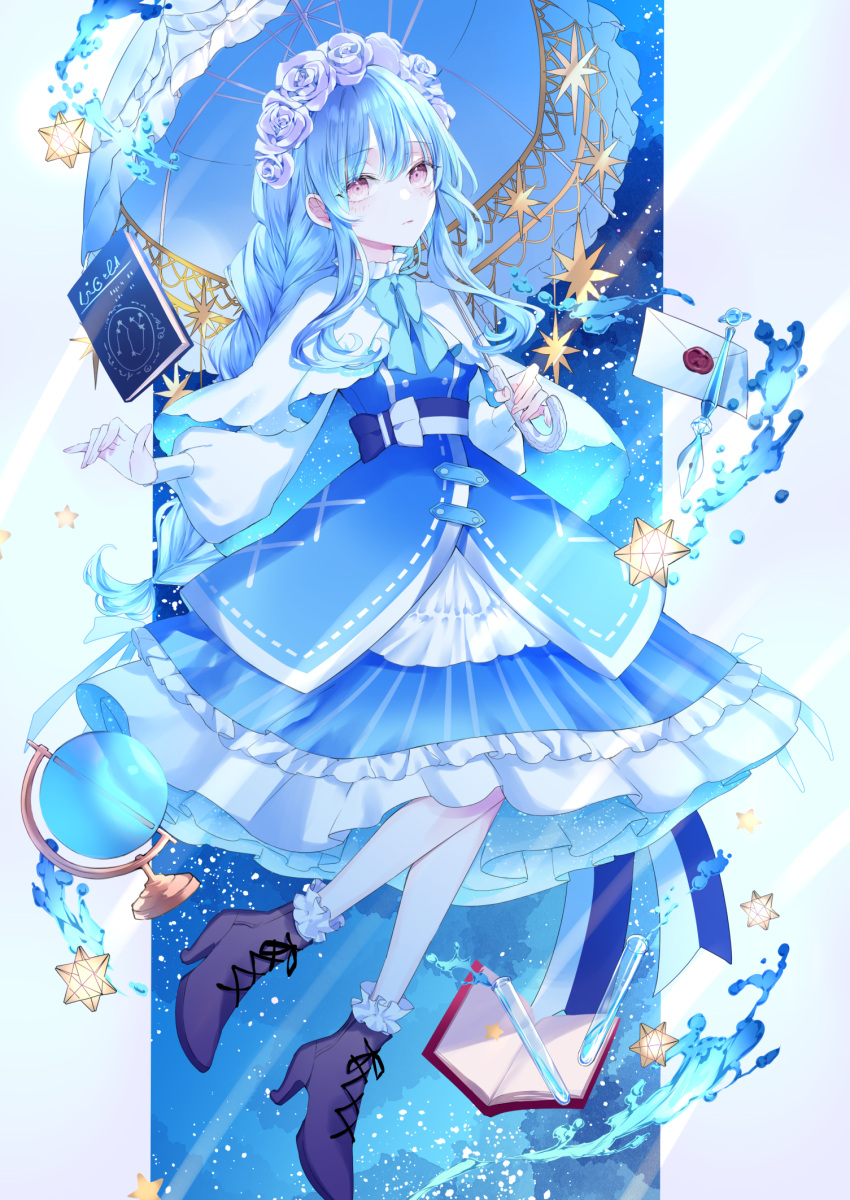 1girl, ankle_boots, bare_legs, black_footwear, blue_bow, blue_bowtie, blue_dress, blue_hair
