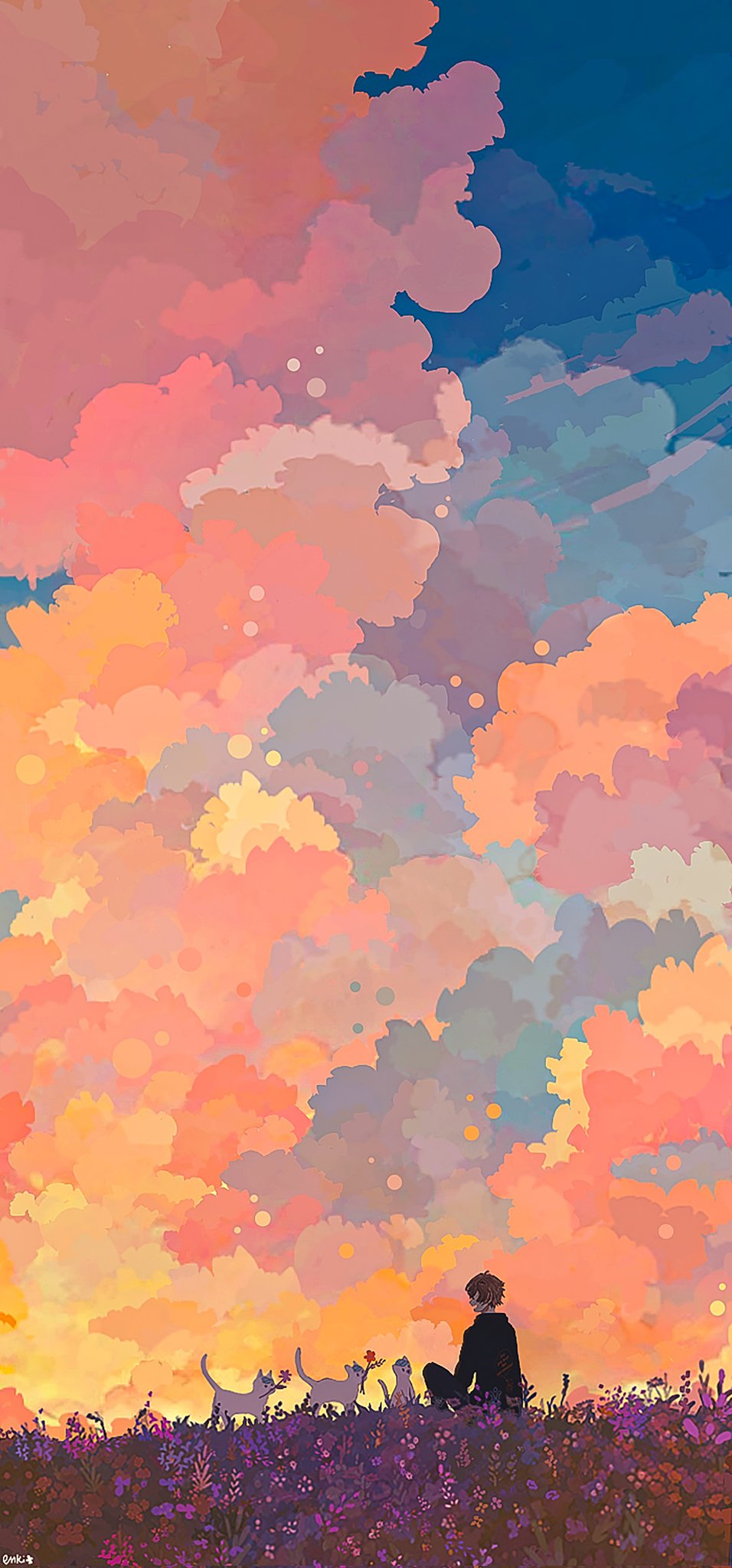 1boy, alban_knox, artist_name, black_pants, black_shirt, blue_clouds, brown_hair, cat