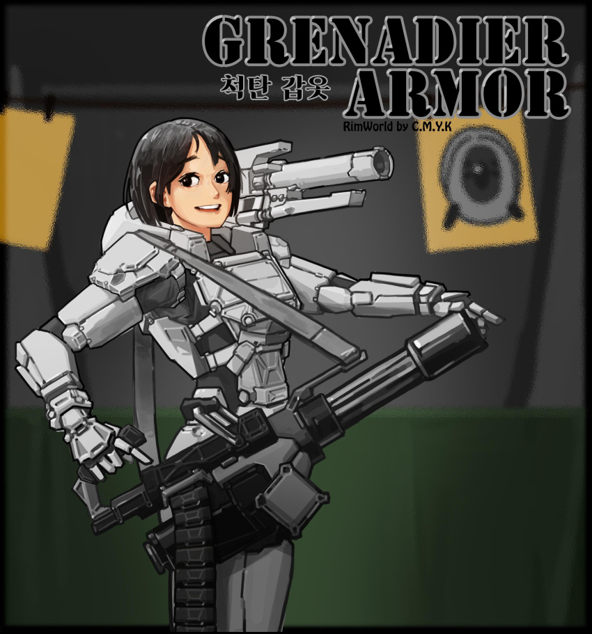 absurdres, armor, black_eyes, black_hair, centipede_(rimworld), cmyk-kim, gatling_gun, grenade_launcher