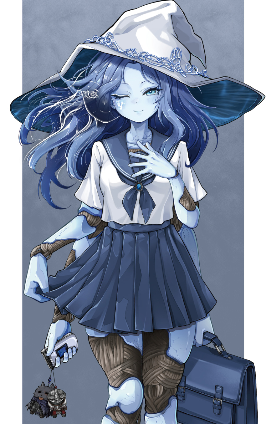 1girl, alternate_costume, bag, blaidd_the_half-wolf, bloody_wolf_(elden_ring), blue_background, blue_bag, blue_eyes