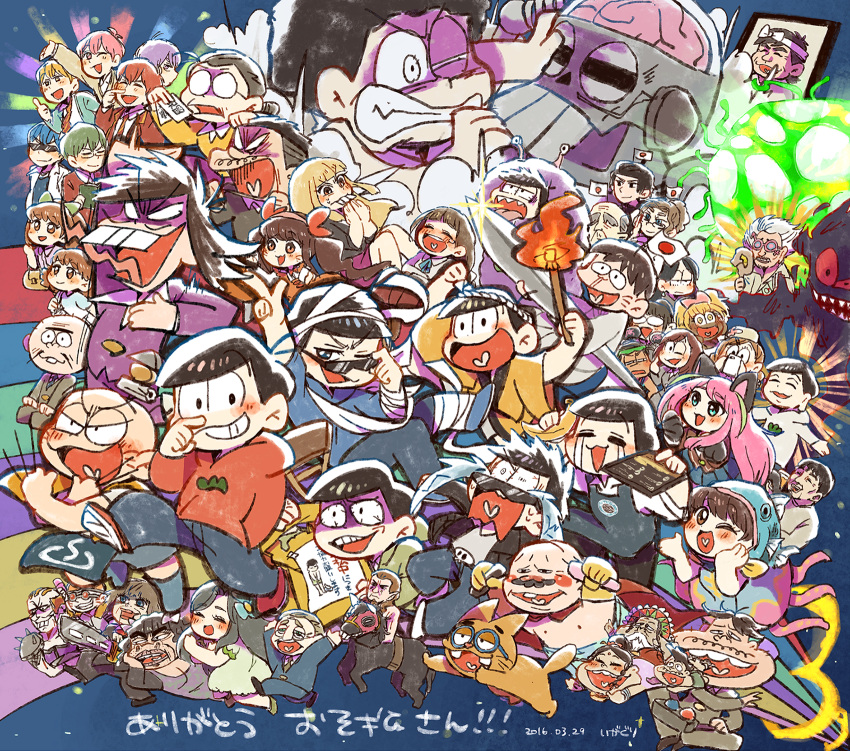 6+boys, 6+girls, absolutely_everyone, blue_background, brothers, brown_hair, cat, character_request