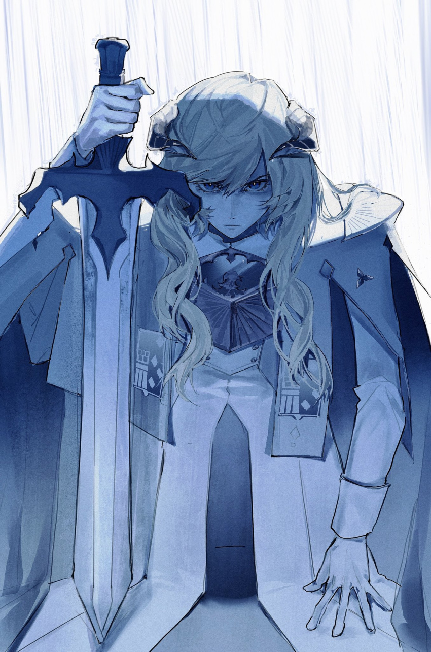 1boy, arm_support, arm_up, armor, blonde_hair, blue_eyes, breastplate, buttons