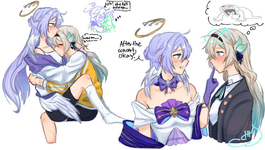 2girls, akai_(atcually), bare_shoulders, black_hairband, black_jacket, black_shorts, blue_eyes, blush