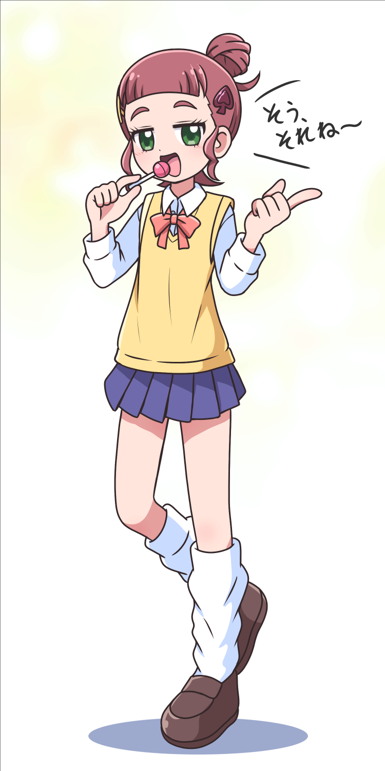 1girl, blunt_bangs, bow, bowtie, brown_hair, candy, chouno_hikari, collared_shirt, commentary_request, food, full_body, green_eyes, hair_bun, hair_ornament, highres, holding, holding_candy, holding_food, holding_lollipop, jitome, kamisama_minarai:_himitsu_no_cocotama, karon-t, loafers, lollipop, long_sleeves, looking_at_viewer, loose_socks, open_mouth, school_uniform, shirt, shoes, smile, socks, solo, spade_hair_ornament, sweater_vest, translation_request