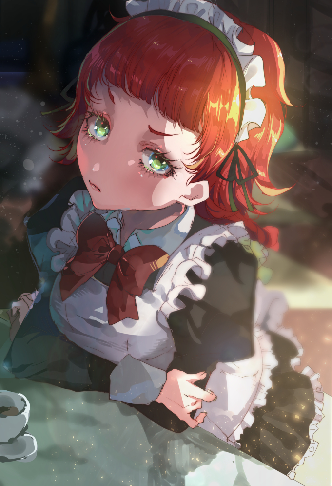 1girl, apron, black_dress, bow, bowtie, braid, bungou_stray_dogs, closed_mouth