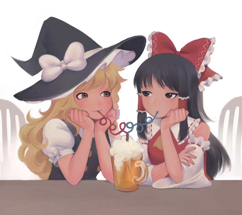 2girls, alcohol, aolyxe, ascot, beer, beer_mug, black_vest, blonde_hair, bow, braid, commentary, crazy_straw, cup, detached_sleeves, drinking_straw, drinking_straw_in_mouth, english_commentary, eye_contact, foam, frilled_bow, frilled_hair_tubes, frills, hair_bow, hair_tubes, hakurei_reimu, hat, hat_bow, head_rest, heart_straw, highres, kirisame_marisa, long_hair, looking_at_another, mug, multiple_girls, puffy_short_sleeves, puffy_sleeves, red_bow, ribbon-trimmed_sleeves, ribbon_trim, short_sleeves, side_braid, smile, table, touhou, vest, white_background, white_bow, wide_sleeves, witch_hat, yellow_ascot, yellow_eyes, yuri