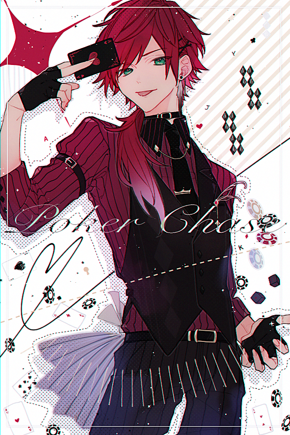 1boy, :p, arm_strap, belt, belt_buckle, black_belt, black_choker, black_gloves, black_necktie, black_pants, black_vest, buckle, buttons, card, choker, closed_mouth, collar_chain_(jewelry), collared_shirt, commentary, cowboy_shot, dice, earrings, english_text, fingerless_gloves, gloves, green_eyes, hair_between_eyes, hair_ornament, hair_over_shoulder, hairclip, hand_up, heart, holding, holding_card, jewelry, kill_schwa, lapels, lauren_iroas, long_hair, long_sleeves, looking_at_viewer, low_ponytail, male_focus, necktie, nijisanji, pants, parted_bangs, pinstripe_pants, pinstripe_pattern, pinstripe_shirt, playing_card, poker_chip, ponytail, red_shirt, redhead, shirt, shirt_tucked_in, simple_background, single_earring, smile, solo, standing, symbol-only_commentary, tassel, tassel_earrings, tie_clip, tongue, tongue_out, v-shaped_eyebrows, vest, virtual_youtuber, white_background, wing_collar, x_hair_ornament
