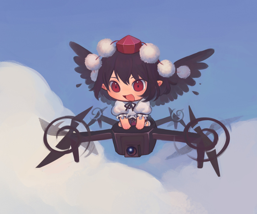 1girl, :d, aolyxe, bird_wings, black_hair, black_skirt, black_wings, camera