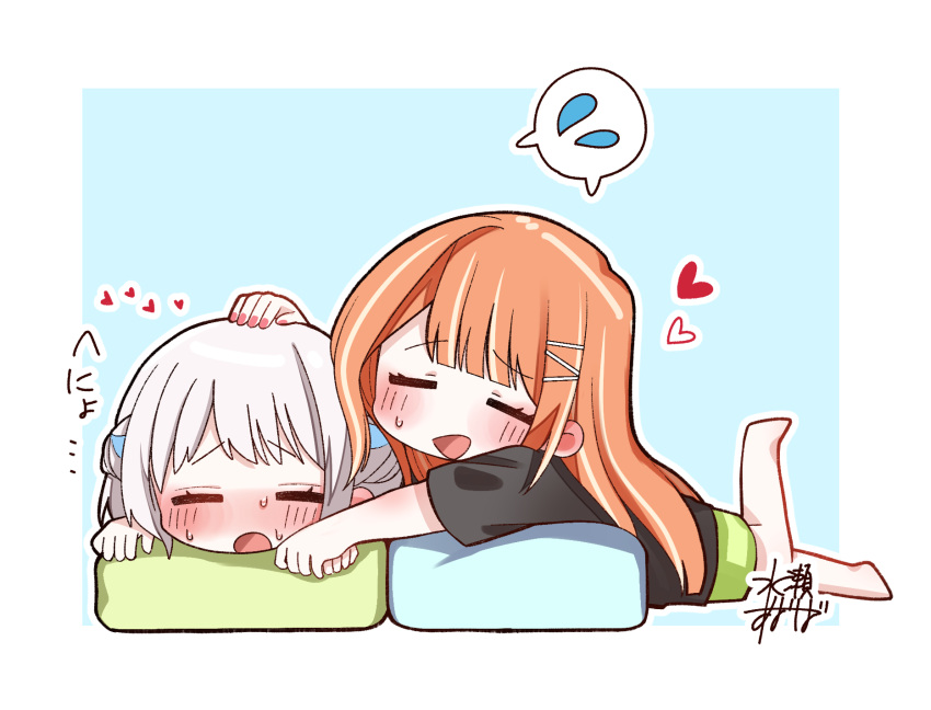 2girls, barefoot, black_shirt, blue_background, blush, border, closed_eyes, commentary_request
