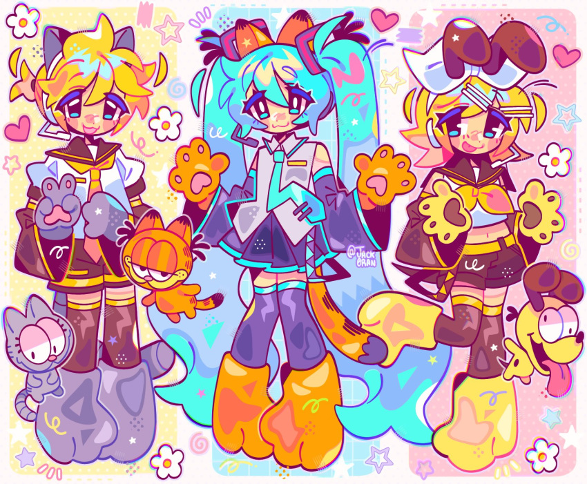 1boy, 2girls, 4boys, animal_ears, aqua_eyes, blonde_hair, blue_eyes, blue_hair