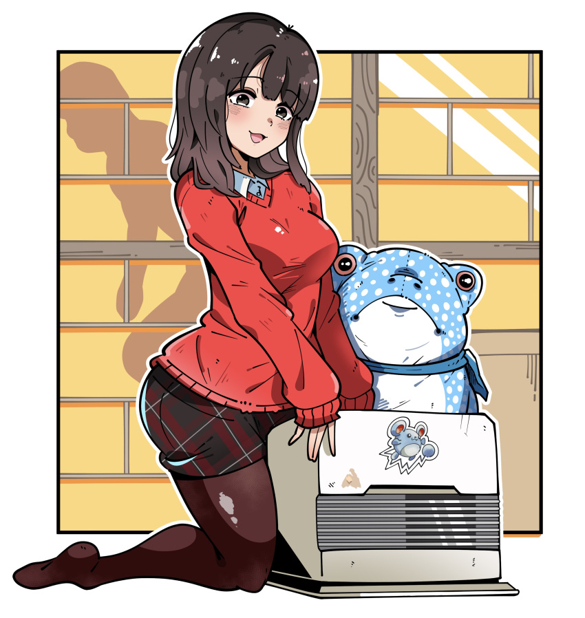 1girl, absurdres, air_conditioner, azumarill, black_eyes, black_hair, black_shorts, blush