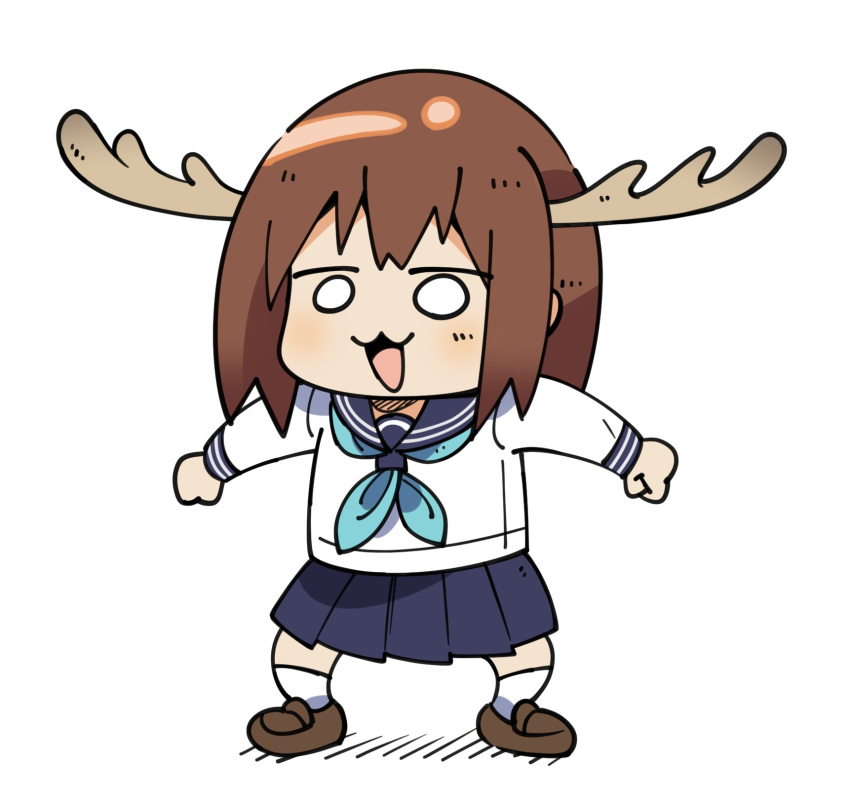 1girl, :3, antlers, black_skirt, blue_neckerchief, blush, brown_footwear, brown_hair, commentary_request, full_body, grey_sailor_collar, highres, horns, loafers, neckerchief, o_o, open_mouth, pleated_skirt, sailor_collar, school_uniform, serafuku, shikanoko_noko, shikanoko_nokonoko_koshitantan, shirt, shoes, short_hair, skirt, sn_(zigzagspark6), socks, solo, standing, white_background, white_shirt, white_socks