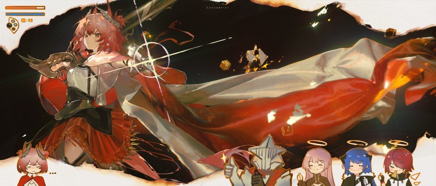 1other, 4girls, absurdres, aiming, aiming_at_viewer, animal_ears, apostolic_knight_(arknights), arknights