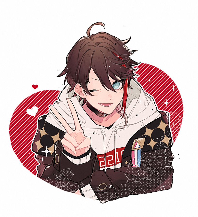 1boy, ;d, ahoge, black_choker, black_jacket, blue_eyes, brown_hair, choker