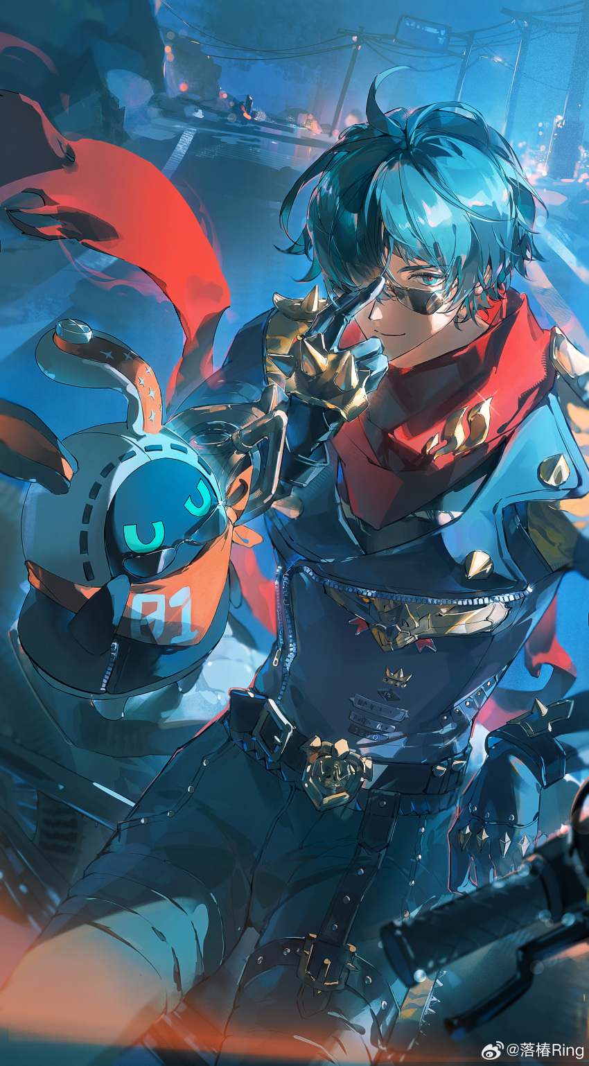1boy, absurdres, adjusting_eyewear, bangboo_(zenless_zone_zero), belt, black_gloves, blue_hair, commentary_request, eous_(zenless_zone_zero), gloves, hair_over_one_eye, highres, jacket, lighter_(zenless_zone_zero), long_sleeves, luochun_ring, male_focus, motor_vehicle, motorcycle, night, outdoors, pants, power_lines, red_scarf, road, scarf, sitting, spikes, sunglasses, thigh_strap, torn_clothes, torn_scarf, zenless_zone_zero