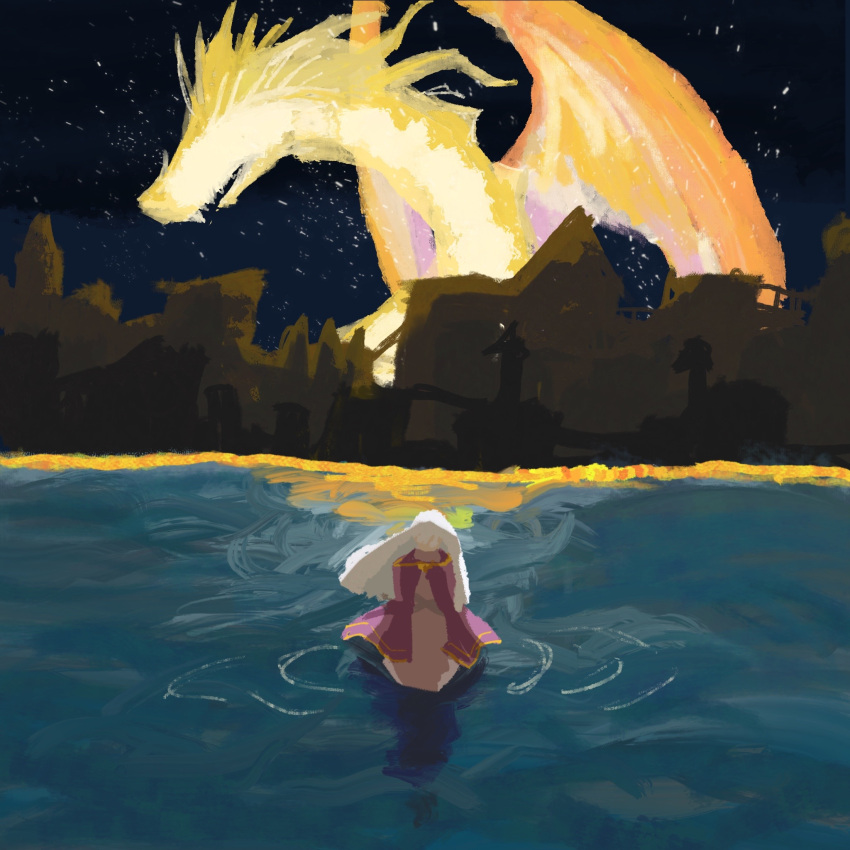 1girl, beach, cape, covered_face, deirdre_(fire_emblem), dragon, dress, faux_traditional_media, fire_emblem, fire_emblem:_genealogy_of_the_holy_war, floating_hair, full_body, gold_trim, highres, long_hair, naga_(fire_emblem), night, night_sky, nunnu0806, outdoors, purple_cape, purple_dress, ripples, shadow, shore, sky, solo, star_(sky), starry_sky, very_long_hair, water, white_hair, wide_shot
