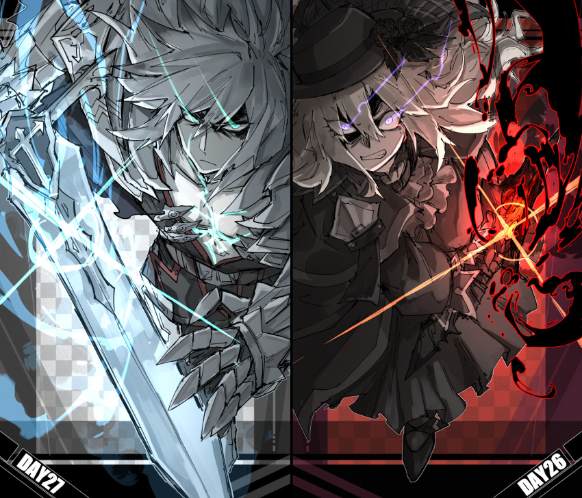 armor, aura, balmung_(fate/apocrypha), black_capelet, black_dress, black_flower, black_footwear, black_gloves, black_rose, blonde_hair, capelet, checkered_background, clenched_teeth, dark_aura, dress, fate/grand_order, fate_(series), flower, from_above, gauntlets, glaring, gloves, glowing, glowing_eyes, glowing_scar, glowing_weapon, green_eyes, hair_between_eyes, hat, highres, holding, holding_sword, holding_weapon, husband_and_wife, kankan33333, kriemhild_(fate), looking_at_viewer, mole, mole_under_eye, pectoral_cleavage, pectorals, rose, scar, scar_on_chest, shaded_face, siegfried_(fate), sword, teeth, violet_eyes, weapon, white_hair
