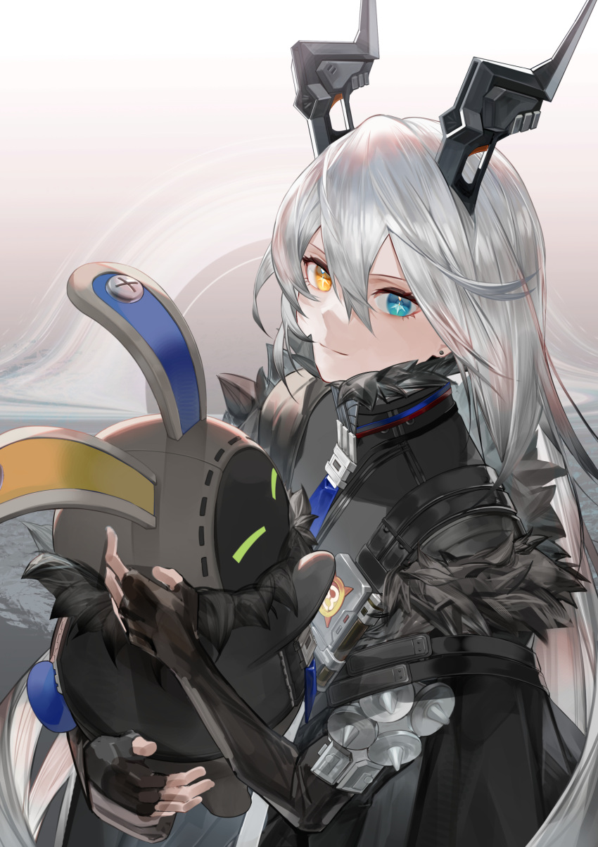 1girl, absurdres, bangboo_(zenless_zone_zero), black_gloves, blue_eyes, closed_mouth, fingerless_gloves, fur_trim