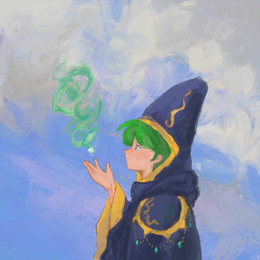 1boy, aerokinesis, black_cloak, black_hood, blue_sky, casting_spell, cloak, clouds