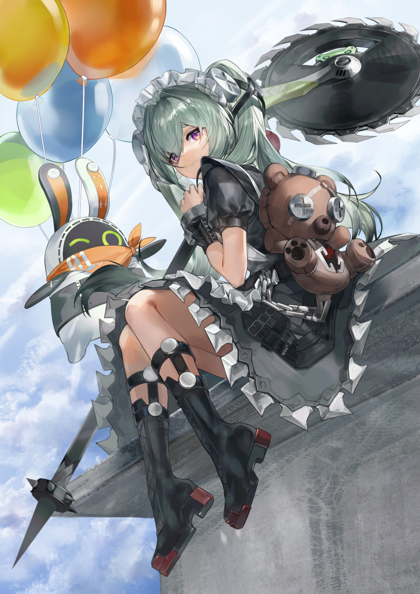 1girl, absurdres, balloon, bangboo_(zenless_zone_zero), black_footwear, boots, chainsaw, closed_mouth