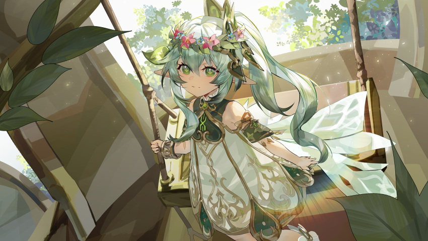 1girl, absurdres, closed_mouth, commentary, dappled_sunlight, genshin_impact, green_eyes, green_hair