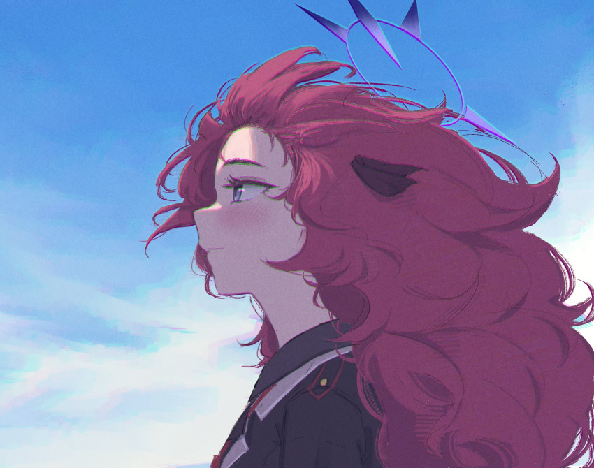 1girl, ahiru_(ahahahahiru), black_ribbon, blue_archive, blue_halo, blue_sky, blush, clouds