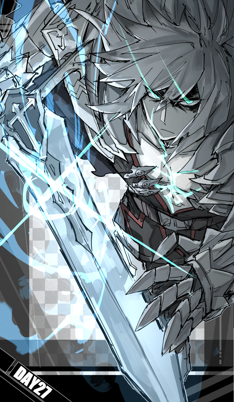 1boy, armor, aura, balmung_(fate/apocrypha), checkered_background, closed_mouth, fate/apocrypha, fate/grand_order