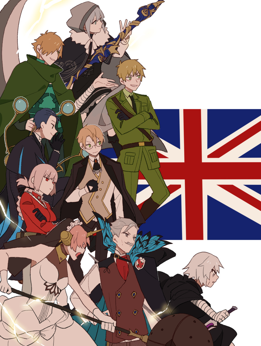 4girls, 5boys, absurdres, add_(fate), ascot, axis_powers_hetalia, bandaged_arm, bandages