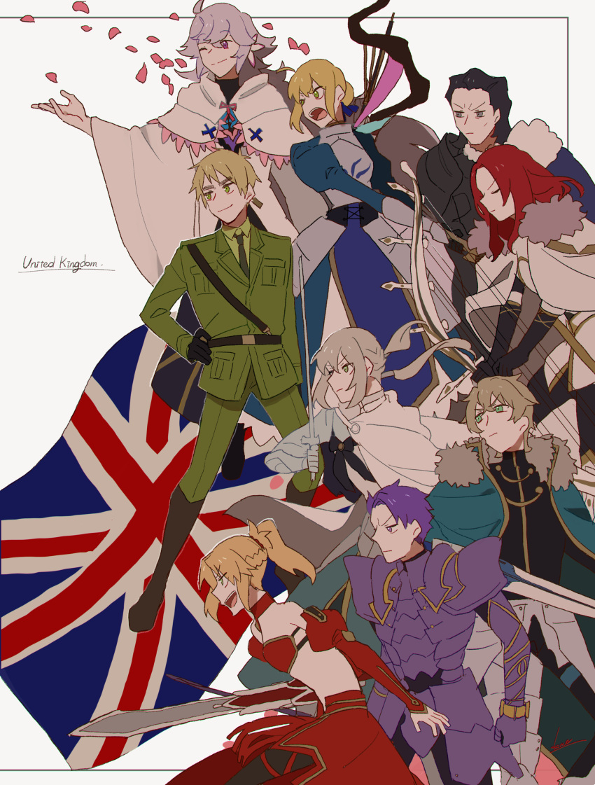 2girls, 6+boys, absurdres, agravain_(fate), ahoge, airgetlam_(fate), armor, armored_dress