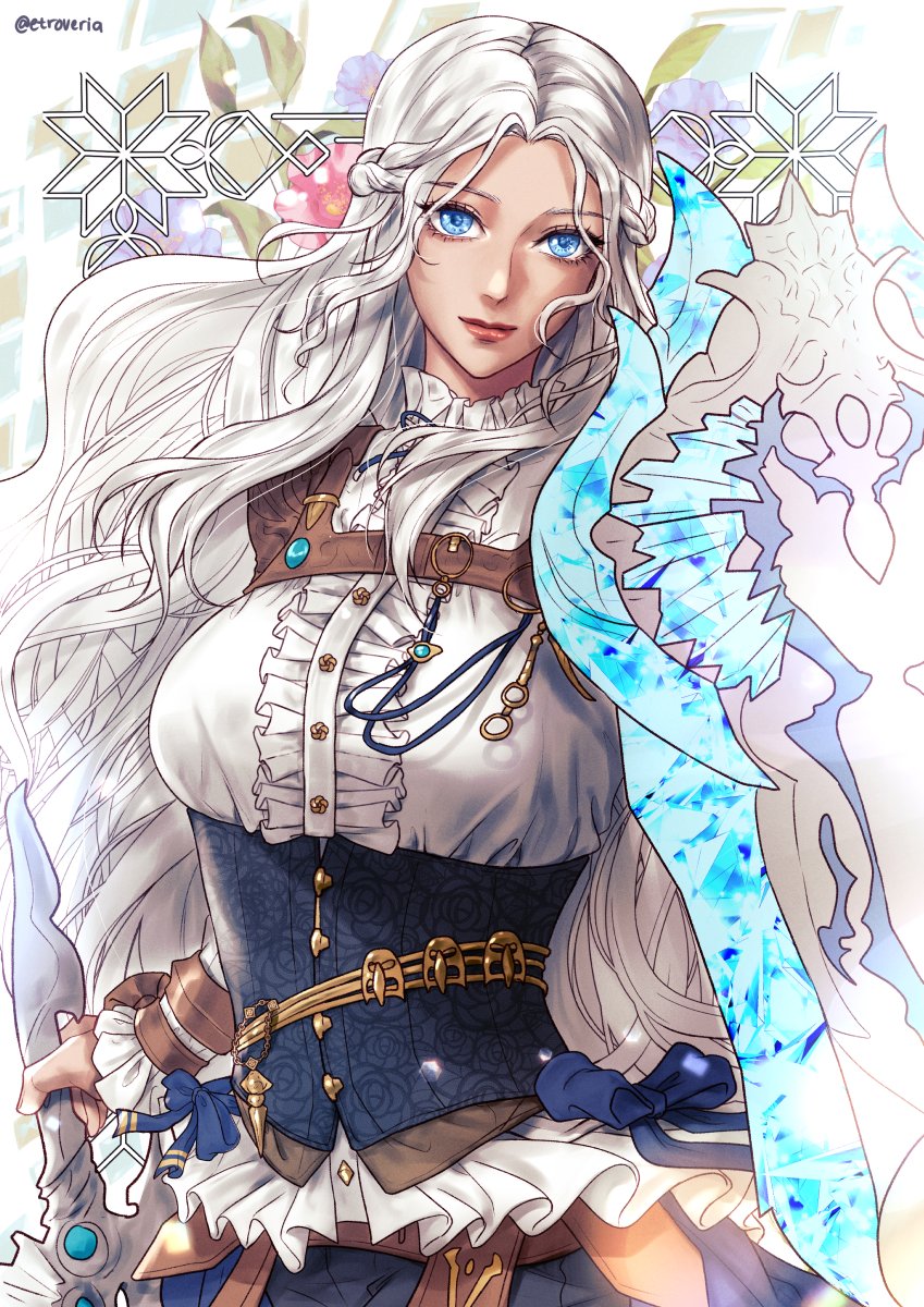 1girl, alternate_costume, blue_eyes, braid, center_frills, corset, cowboy_shot, etroveria