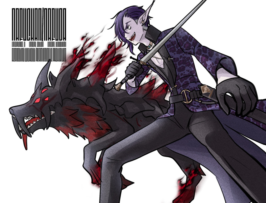 1boy, :d, animal_print, belt, black_gloves, coat, dog, feet_out_of_frame