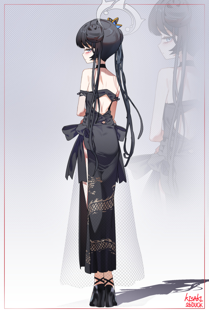 1girl, 26duck, absurdres, back_cutout, bare_shoulders, black_choker, black_dress, black_footwear