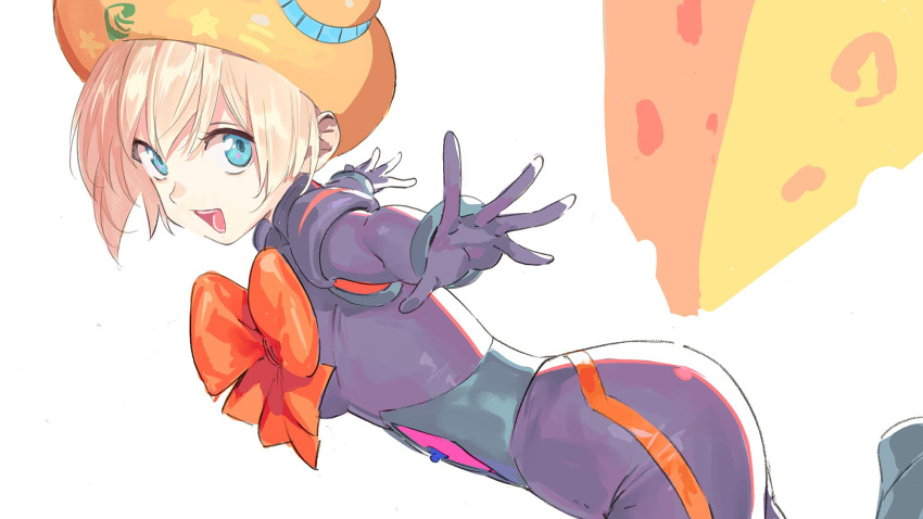 1girl, :d, ass, blonde_hair, blue_eyes, bodysuit, bow, bowtie, cheese, cheese_ring_girl, commentary_request, dutch_angle, filipino_commentary, food, from_side, hat, highres, looking_at_viewer, looking_back, open_hand, orange_bow, orange_bowtie, outstretched_arms, pako_(pakosun), purple_bodysuit, regent_food_corporation, short_hair, simple_background, skin_tight, smile, solo, spread_arms, spread_fingers, teeth, three_quarter_view, turning_head, white_background, yellow_hat