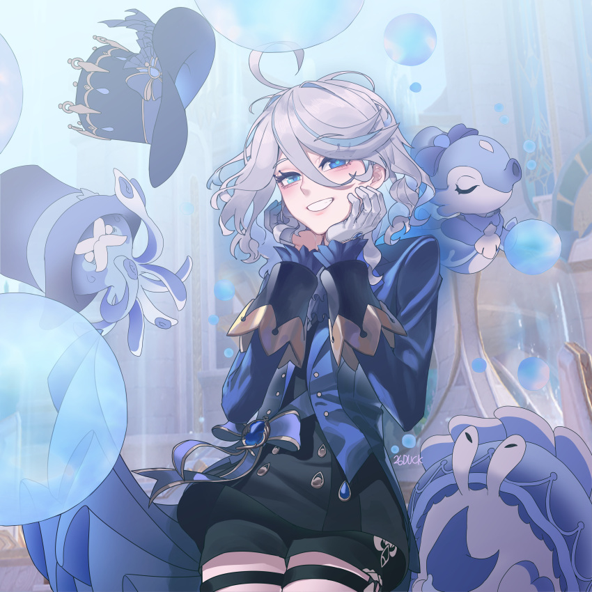 1girl, 26duck, absurdres, artist_name, black_shorts, blue_eyes, blue_hair, blue_hat