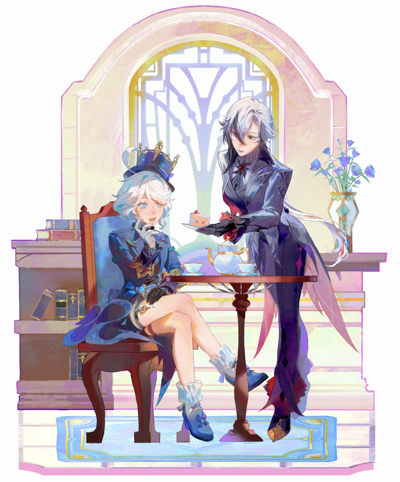 2girls, ahoge, arlecchino_(genshin_impact), asymmetrical_gloves, black_eyes, black_footwear, black_gloves, black_hair, black_hands, black_pants, black_shirt, black_shorts, black_vest, blue_bow, blue_eyes, blue_flower, blue_footwear, blue_hair, blue_jacket, book, bookshelf, bow, breasts, cake, cake_slice, chair, claws, closed_mouth, colored_extremities, crossed_legs, cup, drop-shaped_pupils, fingernail_gloves, floor, flower, food, footwear_bow, fruit, full_body, furina_(genshin_impact), genshin_impact, gloves, grey_jacket, hair_between_eyes, hand_up, hat, hat_ornament, heterochromia, high_heels, highres, holding, holding_plate, indoors, jacket, jewelry, keibleh, kettle, lapels, leaf, long_hair, long_sleeves, looking_at_another, looking_at_object, medium_breasts, mismatched_gloves, mismatched_pupils, multicolored_hair, multiple_girls, open_clothes, open_jacket, open_mouth, pants, plate, ponytail, red_pupils, ring, shirt, shoes, short_hair, shorts, sidelocks, sitting, socks, standing, strawberry, suit, symbol-shaped_pupils, table, teeth, tongue, top_hat, two-tone_hair, vase, vest, vision_(genshin_impact), white_gloves, white_hair, white_shirt, white_socks, window, x-shaped_pupils