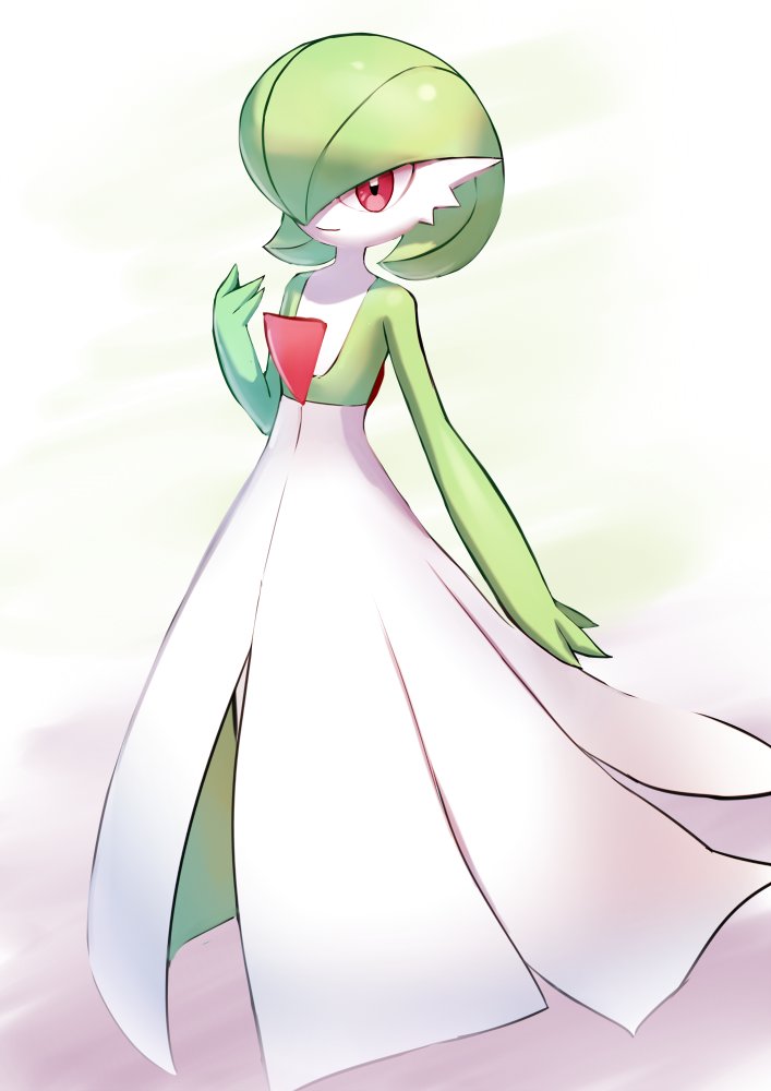 bob_cut, colored_skin, dress, gardevoir, green_hair, green_skin, hair_over_one_eye, multicolored_skin, pink_eyes, pokemon, pokemon_(creature), smile, tatsuyo, two-tone_skin, white_dress, white_skin