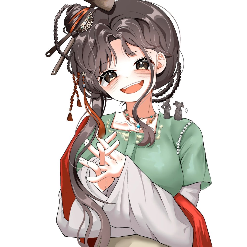 1girl, :d, black_eyes, black_hair, blush, green_shirt, hair_bun, hair_ornament
