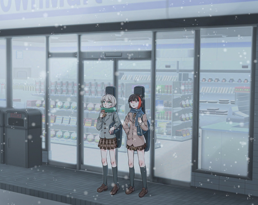 2girls, aoba_moca, bag, bang_dream!, black_hair, black_socks, blue_bag, blue_scarf, blush, brown_footwear, brown_jacket, brown_necktie, brown_skirt, commentary, convenience_store, diagonal-striped_clothes, diagonal-striped_necktie, eating, food, green_eyes, green_scarf, grey_hair, grey_jacket, guitar_case, hair_between_eyes, haneoka_school_uniform, hashtag-only_commentary, highres, holding, holding_food, instrument_case, instrument_on_back, jacket, kneehighs, lawson, loafers, long_sleeves, mitake_ran, multicolored_hair, multiple_girls, necktie, nissin_cup_noodle, open_mouth, outdoors, plaid_clothes, plaid_skirt, pleated_skirt, ramen, redhead, scarf, school_bag, school_uniform, shoes, shop, short_hair, shoulder_bag, skirt, snow, socks, standing, streaked_hair, striped_clothes, tiles, trash_can, violet_eyes, yu_g_yup