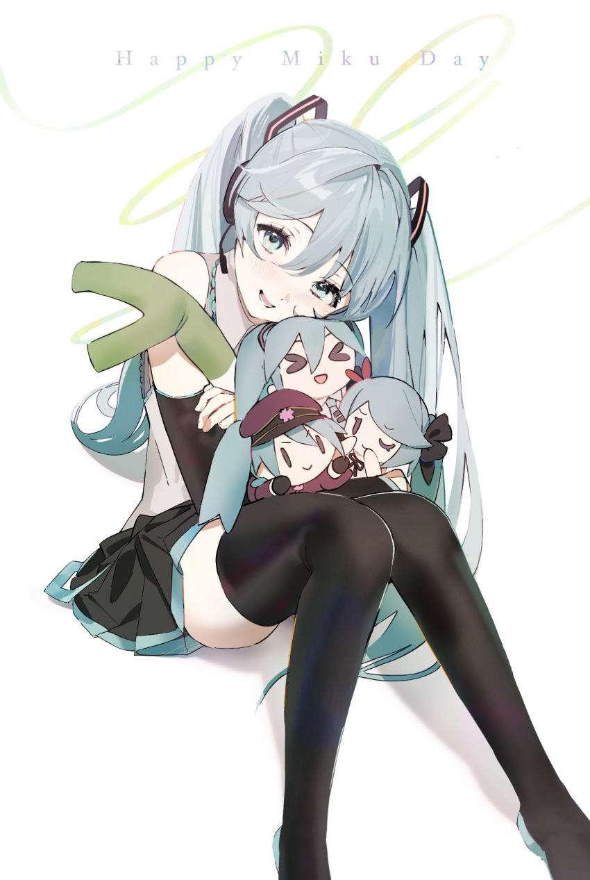 1girl, bare_shoulders, black_sleeves, black_thighhighs, blue_eyes, blue_hair, character_doll, collared_shirt