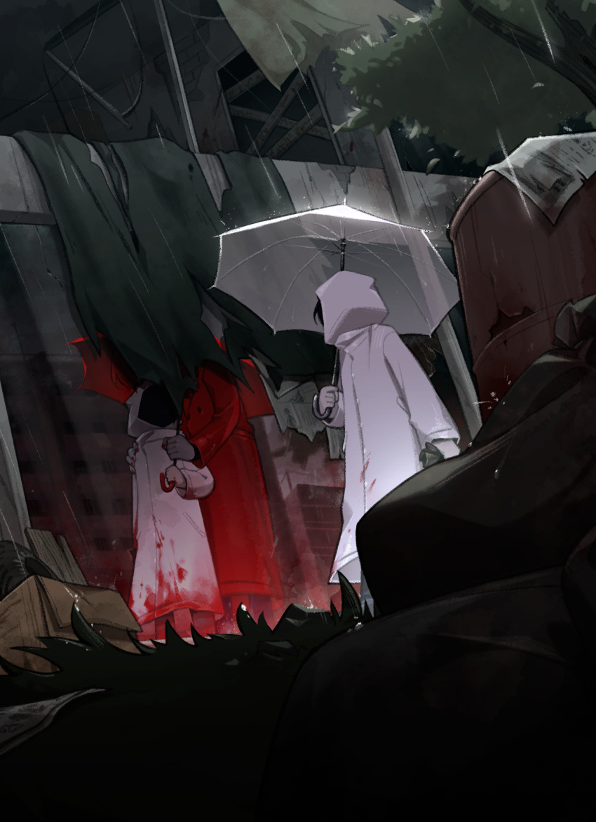 1boy, 1girl, barrel, chlorenw, coat, different_reflection, heroine_(homicipher), highres