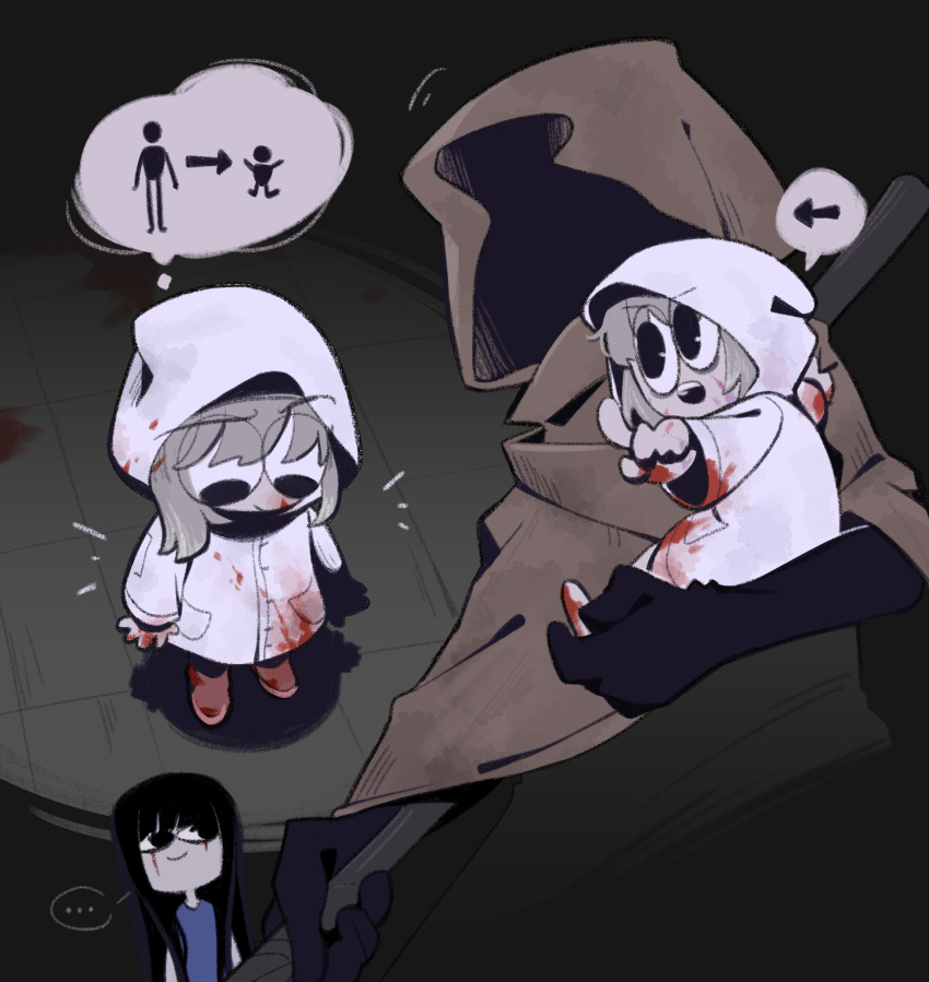 1boy, 2girls, black_skin, blood, blood_on_clothes, blood_on_face, boots, brown_cloak, brown_footwear, chlorenw, cloak, colored_skin, heroine_(homicipher), highres, holding, holding_weapon, homicipher, hood, hood_up, hooded_cloak, hooded_jacket, jacket, long_sleeves, mr._hood, ms._blue-clad, multiple_girls, speech_bubble, thought_bubble, weapon, white_jacket, white_raincoat