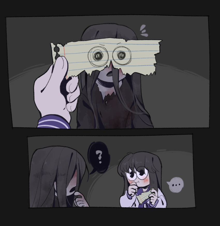 1boy, 1girl, :i, black_eyes, black_hair, black_robe, blush, chlorenw