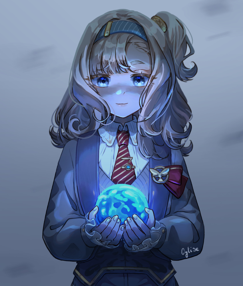 1girl, absurdres, artist_name, ball, blue_eyes, blue_hairband, collared_shirt, crystal_ball, cytise, diagonal-striped_clothes, diagonal-striped_necktie, facing_viewer, glowing, grey_background, grey_hair, grey_sweater, grey_vest, hairband, hands_up, highres, holding, holding_ball, looking_at_object, looking_down, matilda_bouanich, medium_hair, necktie, one_side_up, red_necktie, reverse:1999, shirt, signature, smile, solo, striped_clothes, sweater, upper_body, vest, white_shirt