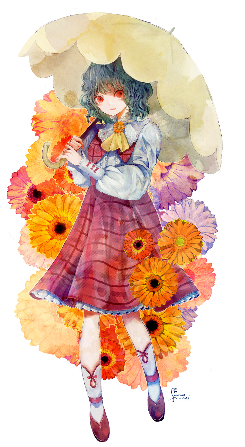 1girl, absurdres, ascot, bow, bow_legwear, buttons, calendula, center_frills, closed_mouth, collared_shirt, commentary, commission, curly_hair, floral_background, flower, flower-shaped_pupils, frilled_skirt, frills, full_body, green_hair, hands_up, highres, holding, holding_umbrella, kazami_yuuka, lace-trimmed_collar, lace_trim, long_sleeves, looking_at_viewer, orange_flower, parasol, pixiv_commission, plaid_clothes, plaid_skirt, puffy_long_sleeves, puffy_sleeves, red_bow, red_eyes, red_flower, red_footwear, red_skirt, sano_naoi, shirt, shoes, short_hair, signature, skirt, sleeve_bow, socks, solo, standing, symbol-shaped_pupils, touhou, umbrella, white_background, white_shirt, white_socks, yellow_ascot