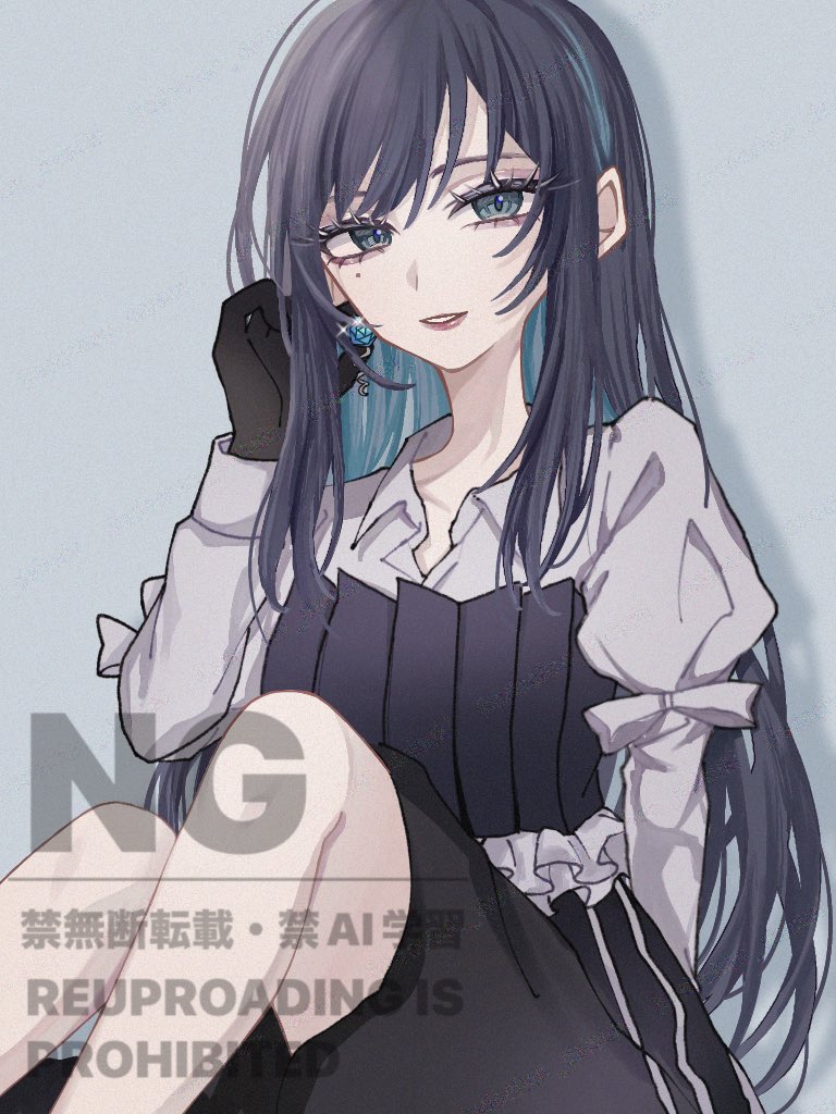 1girl, ado_(utaite), black_gloves, black_hair, black_skirt, blue_eyes, blue_hair, chando_(ado), colored_inner_hair, commentary, earrings, glint, gloves, grey_background, jewelry, long_hair, mole, mole_under_eye, multicolored_hair, open_mouth, oyashirazu_(adochan_daisuki), shirt, skirt, solo, utaite, white_shirt
