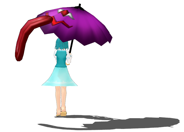 1girl, 2011, 3d, blue_dress, blue_hair, dress, geta, holding_umbrella