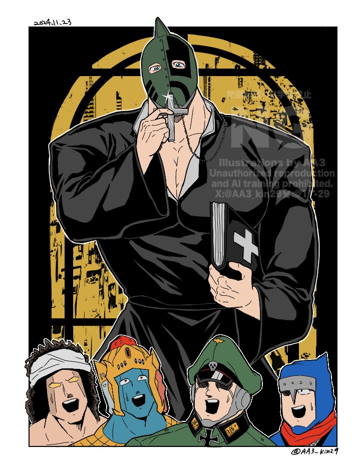 2024, 5boys, aa3_kin29, ashuraman, bandages, bible_(object), blue_skin, brocken_jr.