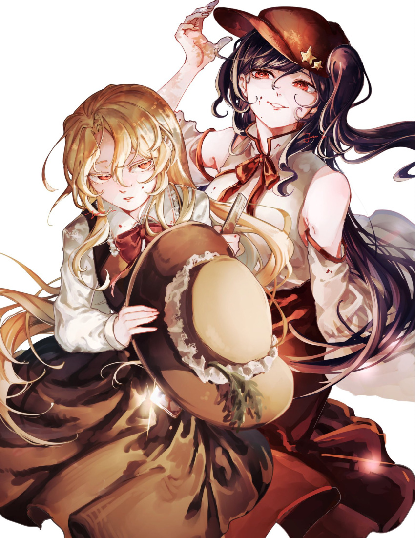 2girls, bare_shoulders, blonde_hair, border, bow, bowtie, branch, brown_hat