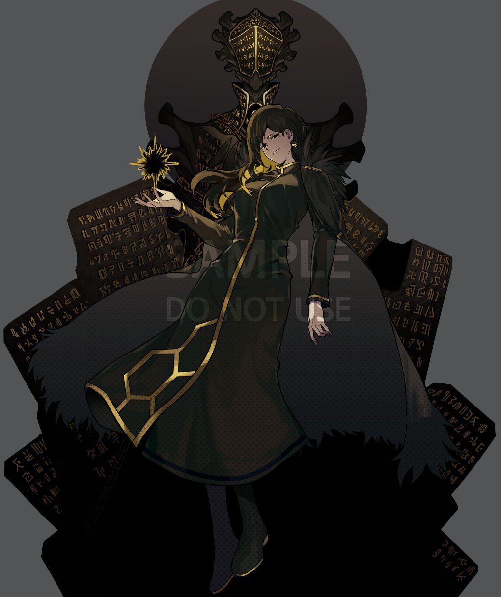 1girl, binah_(project_moon), black_cape, black_dress, black_eyes, black_footwear, black_hair, blonde_hair, boots, cape, colored_inner_hair, dress, full_body, fur_collar, gold_trim, hand_up, highres, library_of_ruina, lobotomy_corporation, long_hair, long_sleeves, looking_at_viewer, multicolored_hair, parted_lips, project_moon, rmenssari, smile, solo