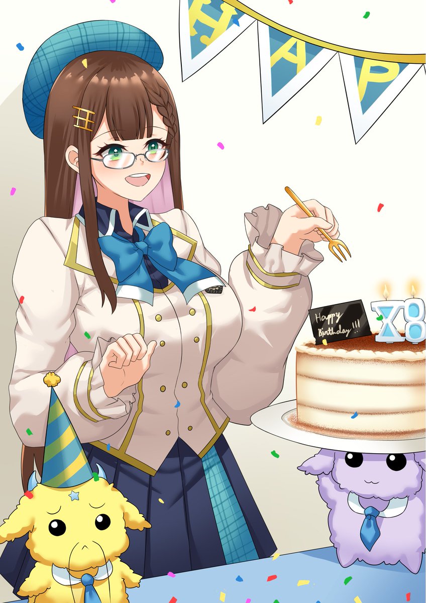 1girl, :3, :d, beret, black-framed_eyewear, blazer, blue_bow, blue_bowtie